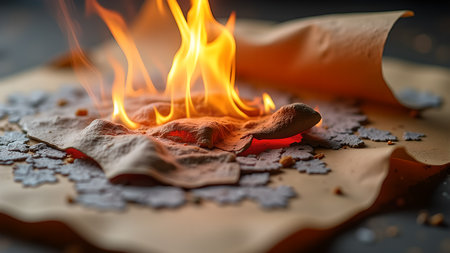 Conceptual image showing burning paper with puzzle pieces around it. This symbolizes the destruction of information, loss of ideas, or environmental impact. The image evokes themes of danger and crisis.の素材