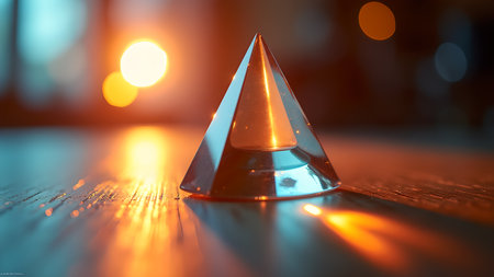 A mesmerizing close-up of a crystal pyramid reflecting warm light on a wooden surface. The bokeh effect adds a touch of magic, creating a captivating and aesthetically pleasing image.の素材