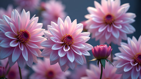 A captivating close-up showcases beautiful pink dahlia flowers in full bloom. The delicate petals and intricate centers are enhanced by soft, natural light, creating a dreamy, romantic atmosphere.の素材