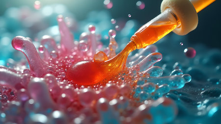 A close-up shot shows a liquid being dispensed from a pipette into a vibrant, textured substance. The image conveys themes of science, research, and experimentation.の素材