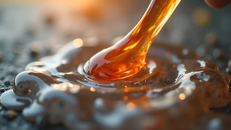 A close-up shot captures a golden, viscous liquid pouring onto a textured surface, creating shiny drops, symbolizing sweetness and richness in a captivating macro view.の素材