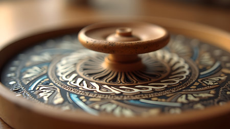 Close-up of an old wooden box featuring a decorative lid with intricate design and a handle, showing cultural heritage and craftsmanship.の素材