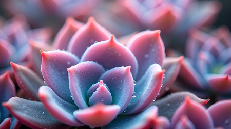 Macro shot of a colorful succulent plant with water droplets, showcasing the unique beauty of nature and the delicate details of botanical textures.の素材