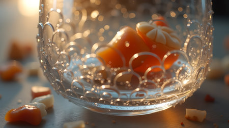 Close-up shot of delicious orange candy pieces and sweets inside a decorative glass bowl, showcasing a delightful confectionery treat perfect for any celebration.の素材