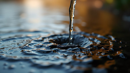 Close-up captures a stream of water plunging into a pool. The impact creates ripples and splashes, showcasing the beauty of liquid motion.の素材
