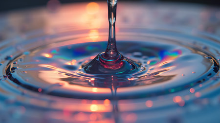 A mesmerizing close-up capturing a slow motion of a water drop as it creates ripples and splashes on a liquid surface, reflecting light and creating a stunning visual effect.の素材