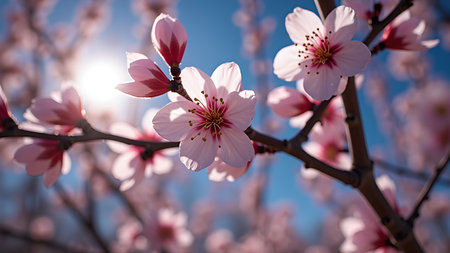 Delicate pink blossoms adorn a tree branch against a clear blue sky, capturing the essence of spring in a vibrant and serene floral scene.の素材