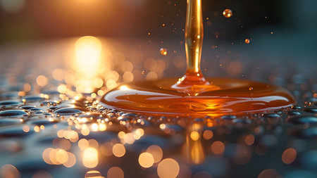 A close-up shot captures a stream of golden liquid, resembling honey or syrup, as it pours onto a dark surface. The light catches the liquid creating reflections and bokehの素材