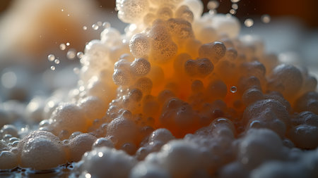 Close-up captures the mesmerizing texture of foamy liquid, showcasing golden bubbles and abstract formations. The image features intricate details and a sense of dynamic movement.の素材