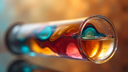 A horizontal glass tube is filled with a vibrant mixture of colorful liquids. The abstract patterns and reflective surface create an artistic, scientific aesthetic.の素材