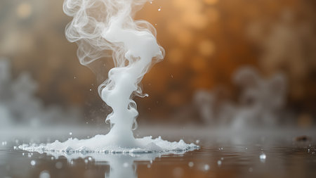 A mesmerizing plume of white smoke rises gracefully from a pool of liquid, creating a dreamlike and ethereal atmosphere. The soft, blurred background enhances the sense of mystery.の素材