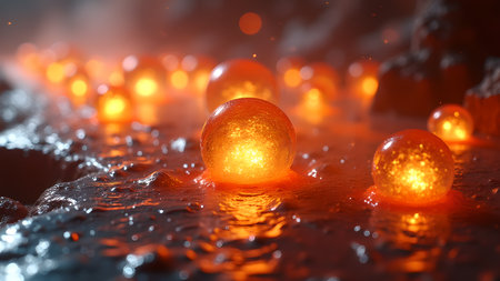 A mesmerizing display of glowing orbs rests upon a textured surface, creating an otherworldly ambiance with abstract lighting effects.の素材