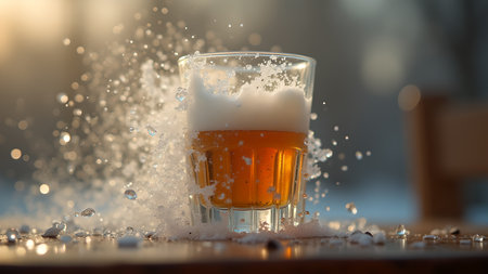 A glass of beer is captured in motion, showcasing a splash of liquid and foam. The golden beverage appears fresh and inviting, perfect for a celebratory drink.の素材