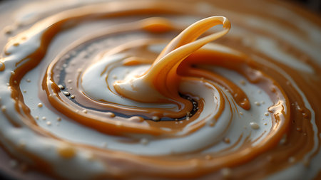 A close-up shot of a caramel swirl with a creamy texture creating a dynamic and abstract motion. The image features flowing liquid with a blend of brown and white colors.の素材