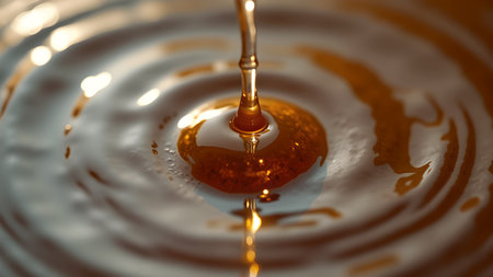 Close-up shot of golden syrup being poured, creating ripples on a viscous liquid surface. The amber and gold colors reflect in the fluid movementの素材