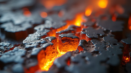 A macro image of molten rock captures the intense heat and fiery glow of geothermal activity or industrial metallurgy, showing a textured landscape.の素材