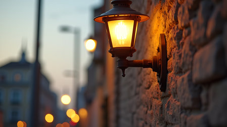 A vintage street lamp casts a warm glow against a textured brick wall at dusk. The soft light illuminates the urban scene, creating a charming and elegant atmosphere.の素材