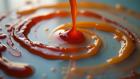 An abstract close-up of caramel syrup dripping, creating mesmerizing red and orange spiral designs on a smooth surface. The sweet texture and flowing motion create a delicious and visually appealing scene.の素材