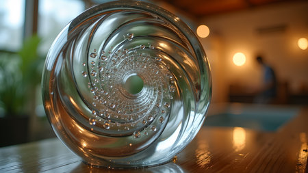 An elegant glass orb showcasing a mesmerizing swirling vortex pattern, resting gracefully on a wooden table indoors, bathed in soft, ambient light. The object offers visual depth.の素材