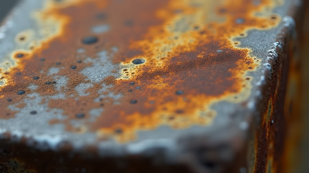 A macro shot of a rusted metal surface showing an abstract look, corrosion, and aged texture, perfect for backgrounds or visual elements.の素材