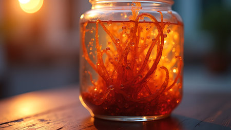 Close-up of a glass jar filled with pickled seaweed or chili peppers in vibrant orange and red hues. The image evokes a sense of culinary artistry and homemade preservation.の素材