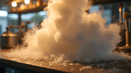 A dramatic kitchen explosion with a billowing cloud of smoke and liquid nitrogen substance aftermath. Blurred equipment and a metal pot in the background.の素材