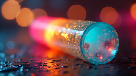 A glass container filled with a colorful, luminous liquid sits on a wet surface, creating a mesmerizing reflection and vibrant atmosphere. The blurred background enhances the artistic and abstract nature of the image.の素材