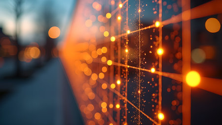 Abstract background with a grid of glowing orange lights, creating a futuristic and technological atmosphere. The blurred background and bokeh effects add depth and visual interest.の素材