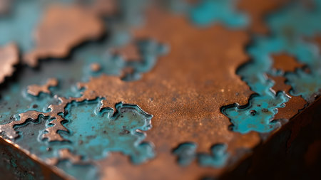 Close up shot of aged copper surface with turquoise patina. Abstract texture with irregular shapes and patterns for decorative projects.の素材