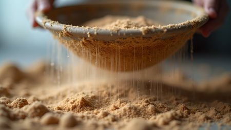Close-up shot of brown sugar being sifted from a bowl, creating a beautiful cascade of texture and depth. Perfect for illustrating baking, cooking, and the culinary arts.の素材