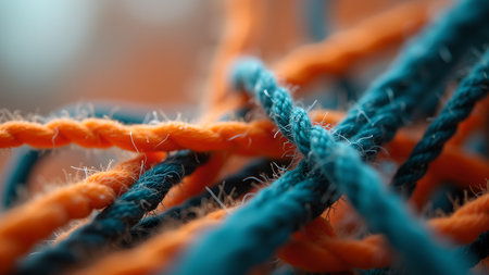 Macro image showcasing a close-up view of intertwined orange and blue ropes. The focus is on the texture and details of the ropes creating an abstract and visually engaging composition.の素材
