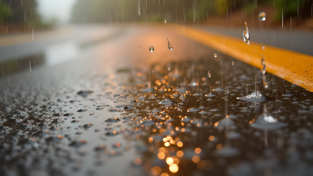 Captivating close-up of raindrops hitting an asphalt road, creating a stunning display with blurred backdrop and vibrant yellow lane markings, conveying the essence of a rainy day.の素材