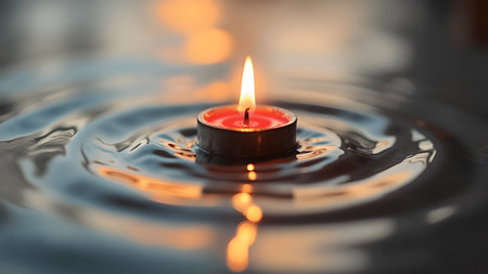 A close-up shows a candle floating on water. The soft glow of candlelight creates a peaceful, calming atmosphere. Perfect for themes of meditation, relaxation, and well-being.の素材