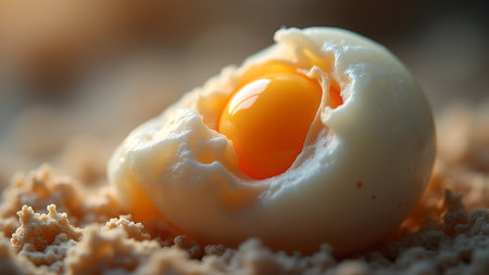 A close-up of a perfectly cooked runny poached egg, showcasing the vibrant yolk and delicate white. This image captures the essence of a gourmet breakfast, emphasizing its fresh and organic qualities, offering a visual delight for culinary enthusiasts.の素材