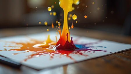 The image captures a vibrant splash of colorful liquid erupting on a paper surface, creating a dynamic and abstract artwork that showcases artistic expression and creative design.の素材