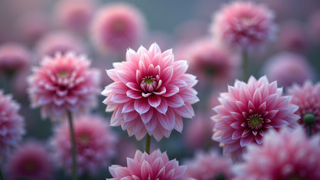 A close-up of beautiful pink dahlia flowers, gracefully blooming in soft focus, evokes a sense of serenity and natural beauty.の素材
