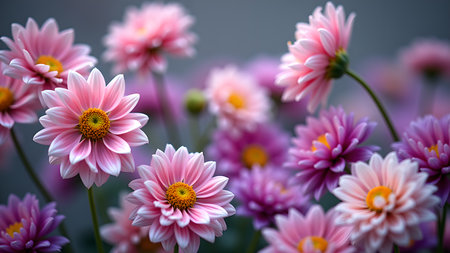 A beautiful close-up of a vibrant floral arrangement featuring an assortment of pink and purple daisy blossoms in their natural environment, capturing the essence of nature's beauty.の素材