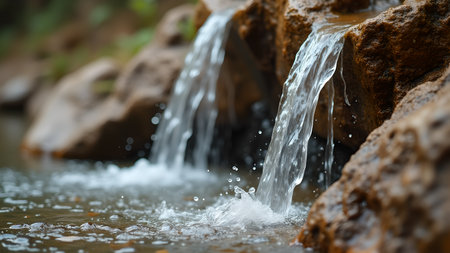 A captivating image of water gracefully cascading over rocks, creating a soothing and picturesque scene of natural beauty and tranquility.の素材