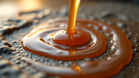 Close-up shot of golden caramel being poured in concentric circles onto a textured surface, creating a delicious and visually appealing dessert topping.の素材