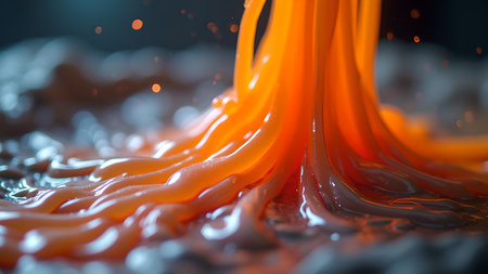 A macro shot of a viscous, luminescent orange fluid cascading and pooling, creating an abstract and mesmerizing visual texture with bokeh.の素材