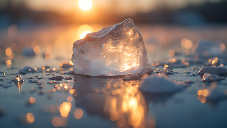 Close-up of melting ice reflecting the golden sunset light. The clear ice sits on a cold winter landscape with water and snow, creating a magical and peaceful scene.の素材
