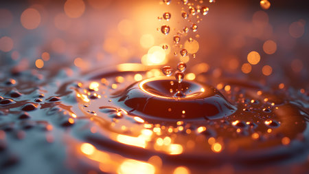 A close-up shot capturing water droplets creating ripples with orange light, offering a warm, and dynamic effect. The fluid motion and reflective surface adds to the visual depth.の素材
