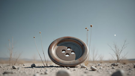 A giant, weathered button lies in a desolate desert landscape, under a clear sky, evoking themes of abandonment and forgotten purposes.の素材