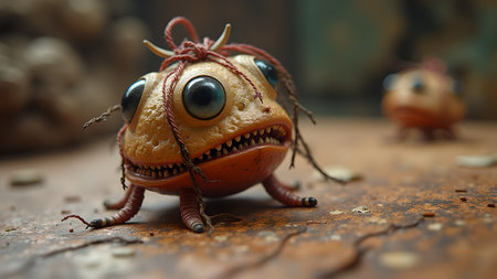 Two small, strange creatures with large eyes and tiny teeth stand on a weathered surface. The creatures appear ominous and surreal, with a fantasy-like design.の素材