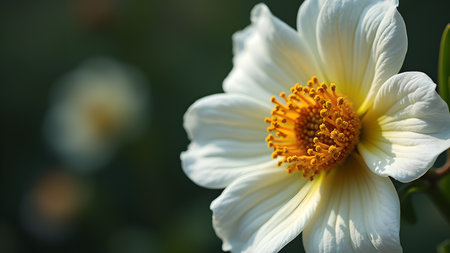 A close-up shot captures the delicate beauty of a white flower with a vibrant yellow center, showcasing its intricate details.の素材