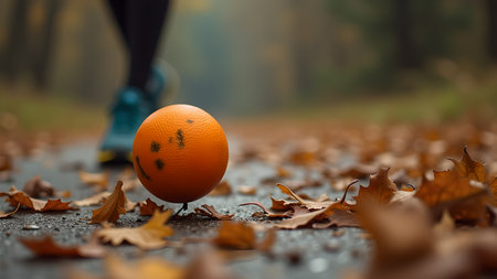 A vibrant orange contrasts with the muted tones of autumn leaves on a path. In the background, a person is running, embracing an active lifestyle in nature.の素材