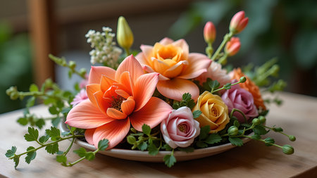 A captivating close-up of a meticulously arranged floral centerpiece showcases the harmonious blend of peach dahlias and roses, radiating beauty and elegance.の素材