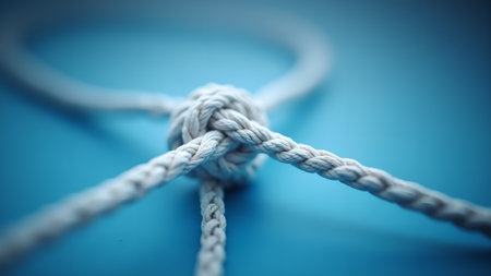 A close-up shot of a white rope tied in a secure knot, set against a serene blue background. Symbolizes connections, strength, and nautical themes.の素材