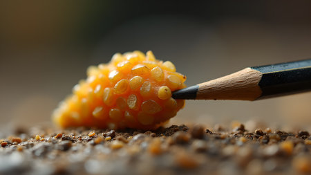 A macro shot reveals the intricate details of snail eggs nestled beside a pencil on soil ground, highlighting the beauty of nature's tiny creations.の素材