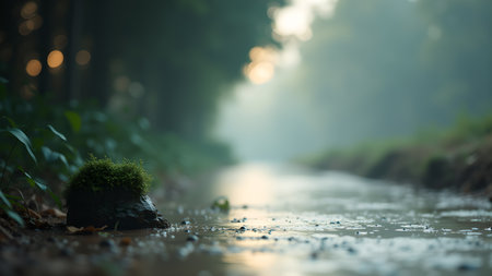 A serene forest scene captures the tranquility of nature with a mossy rock beside a gentle stream. Soft light filters through the trees, creating a peaceful and fresh atmosphere.の素材